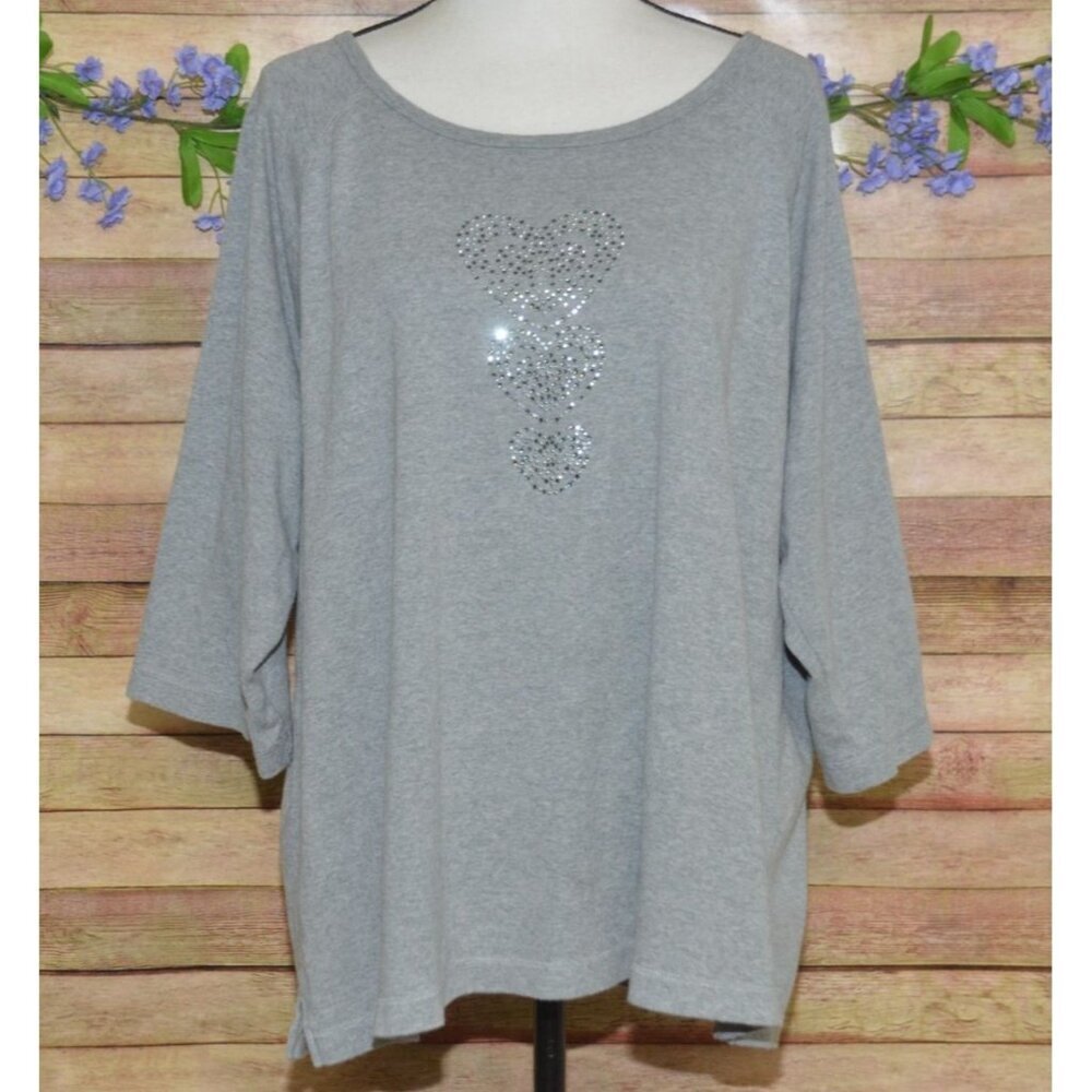 Quacker Factory Women's Gray Thin Knit Top 2X Studded Hearts Warm Casual Cotton